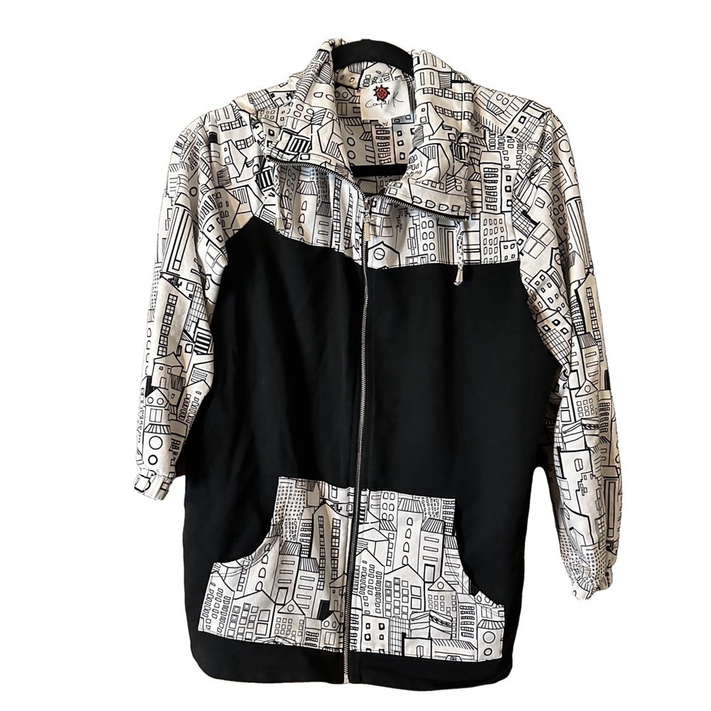 Compli K Womens White Black Streetwear Houses Graphic Print Zip-Up Sweater Sz XL